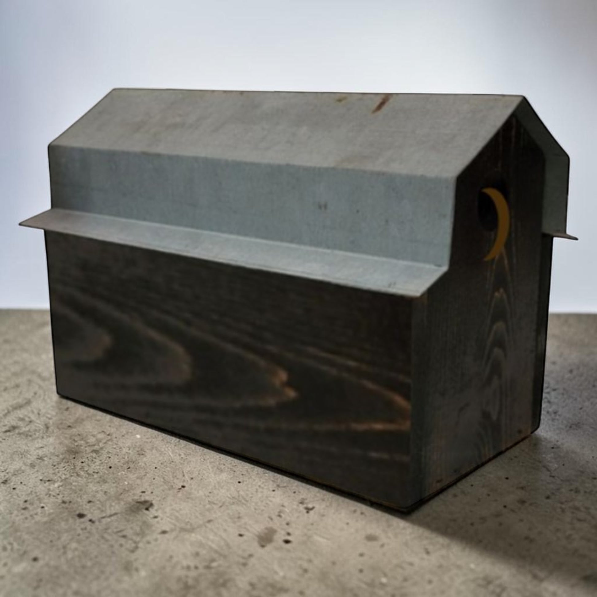 Handmade reclaimed wood Rock City double birdhouse with two nesting compartments and rustic black finish.