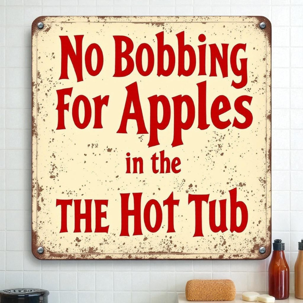Vintage-style sign with humorous text on a tiled wall.