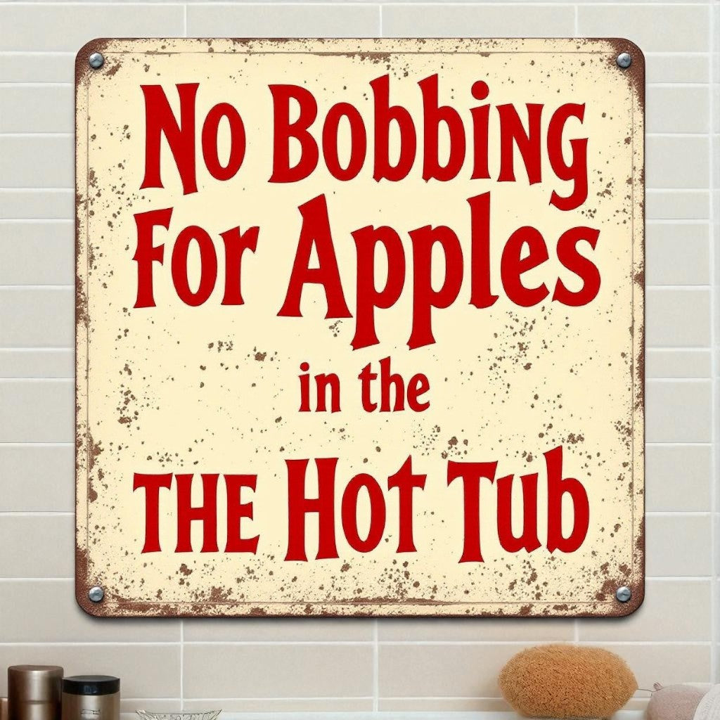 Vintage-style sign with red text on a beige background, mounted on a tiled wall.