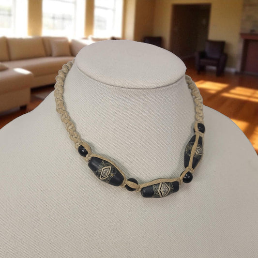 Vintage Braided Boho Choker Necklace with Inlaid Ebony Beads – 17 Inches