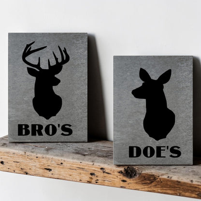 Buck bathroom sign metal
Doe bathroom sign metal
Galvanized deer sign set
Rustic hunt camp restroom sign