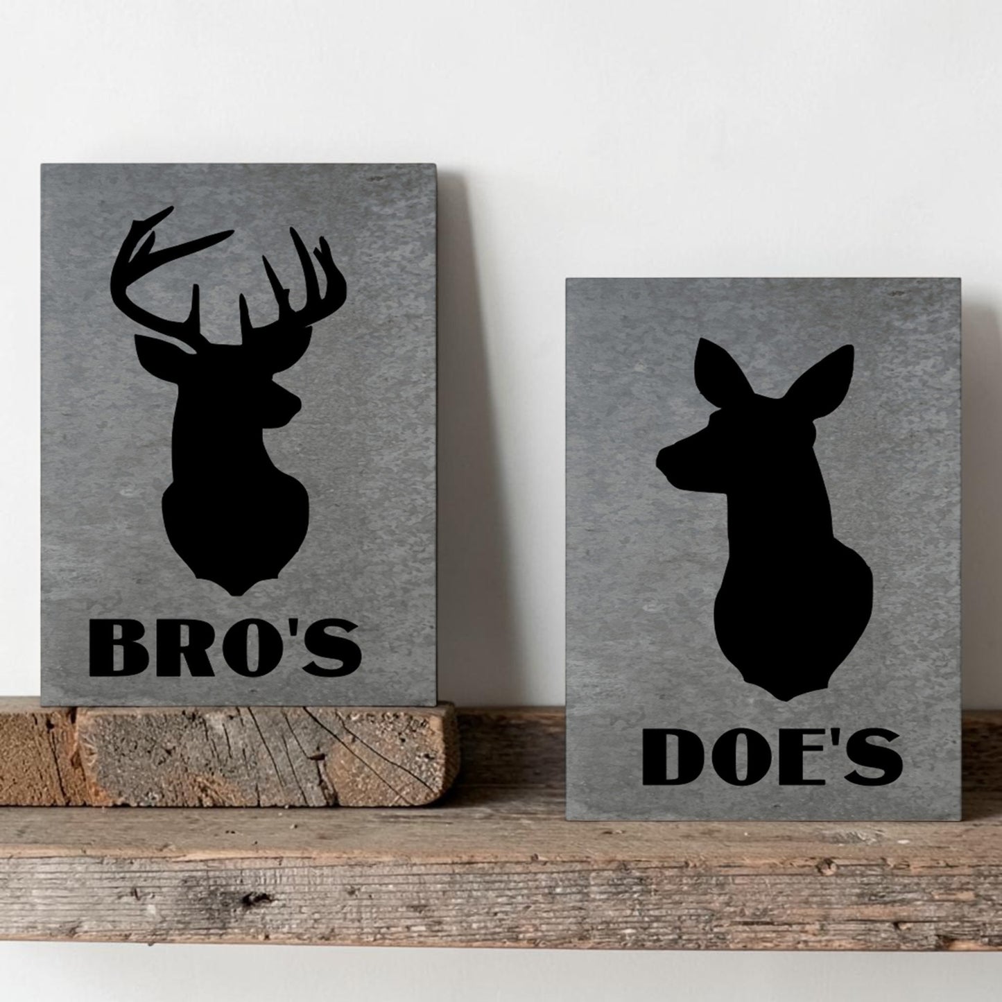 Buck bathroom sign metal
Doe bathroom sign metal
Galvanized deer sign set
Rustic hunt camp restroom sign