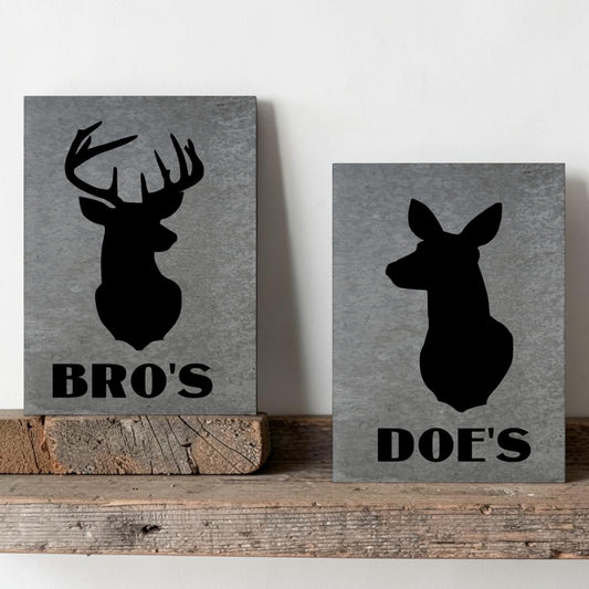 Buck bathroom sign metal
Doe bathroom sign metal
Galvanized deer sign set
Rustic hunt camp restroom sign