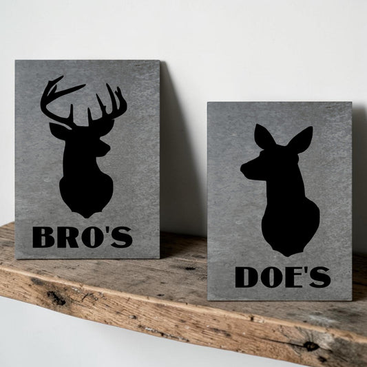 Buck bathroom sign metal
Doe bathroom sign metal
Galvanized deer sign set
Rustic hunt camp restroom sign