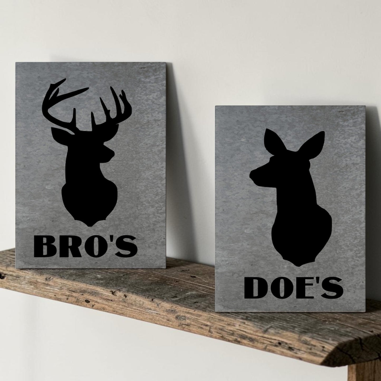 Buck bathroom sign metal
Doe bathroom sign metal
Galvanized deer sign set
Rustic hunt camp restroom sign