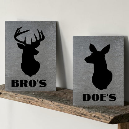 Buck bathroom sign metal
Doe bathroom sign metal
Galvanized deer sign set
Rustic hunt camp restroom sign