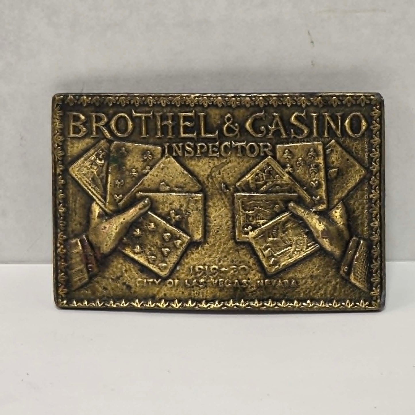 Vintage brass Brothel and Casino Inspector Las Vegas Nevada belt buckle.
