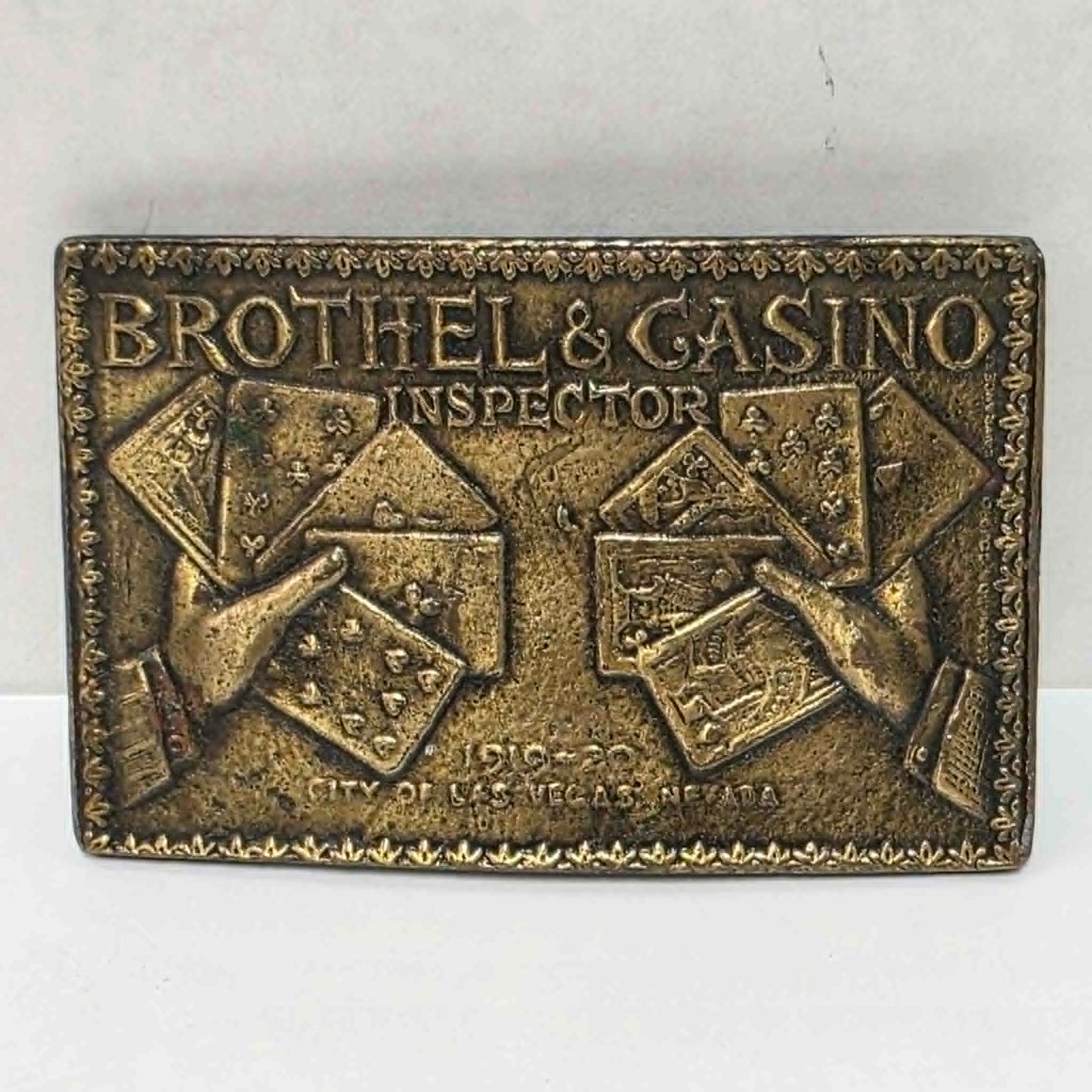 Vintage brass Brothel and Casino Inspector Las Vegas Nevada belt buckle.
