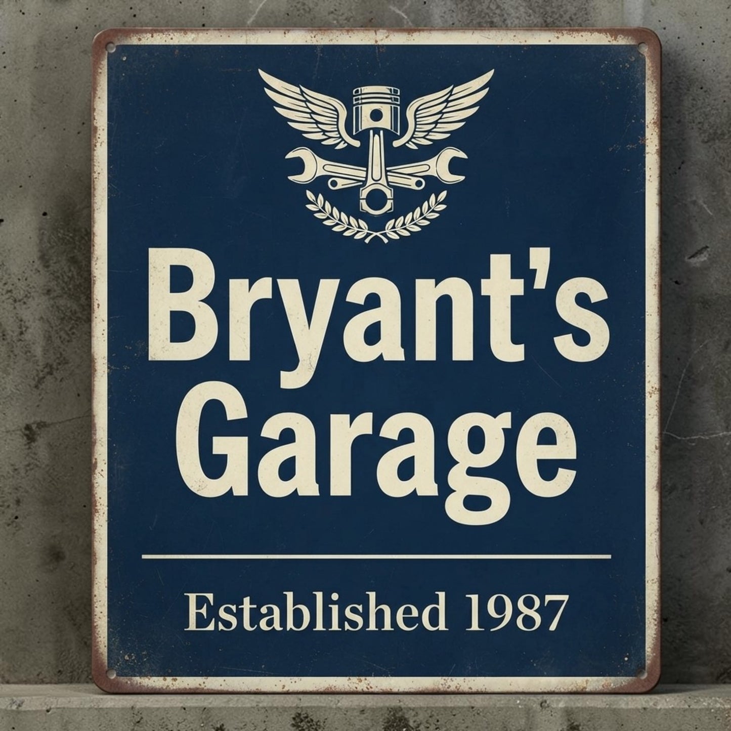 Personalized rustic metal garage sign with custom name and date.
