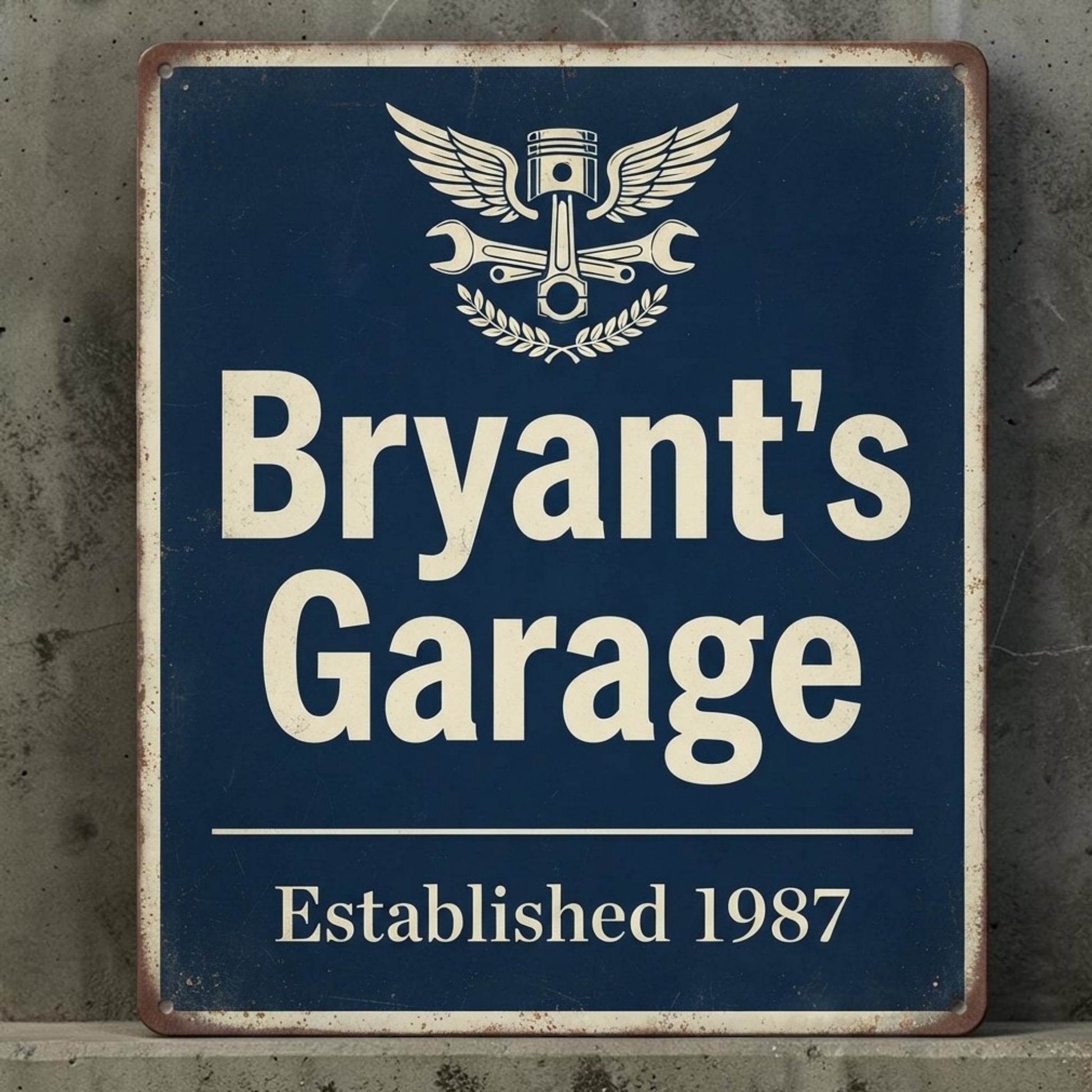 Personalized rustic metal garage sign with custom name and date.
