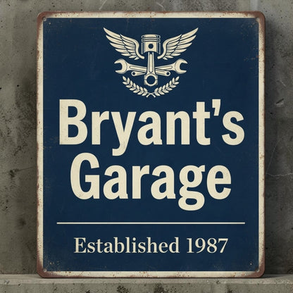 Personalized rustic metal garage sign with custom name and date.
