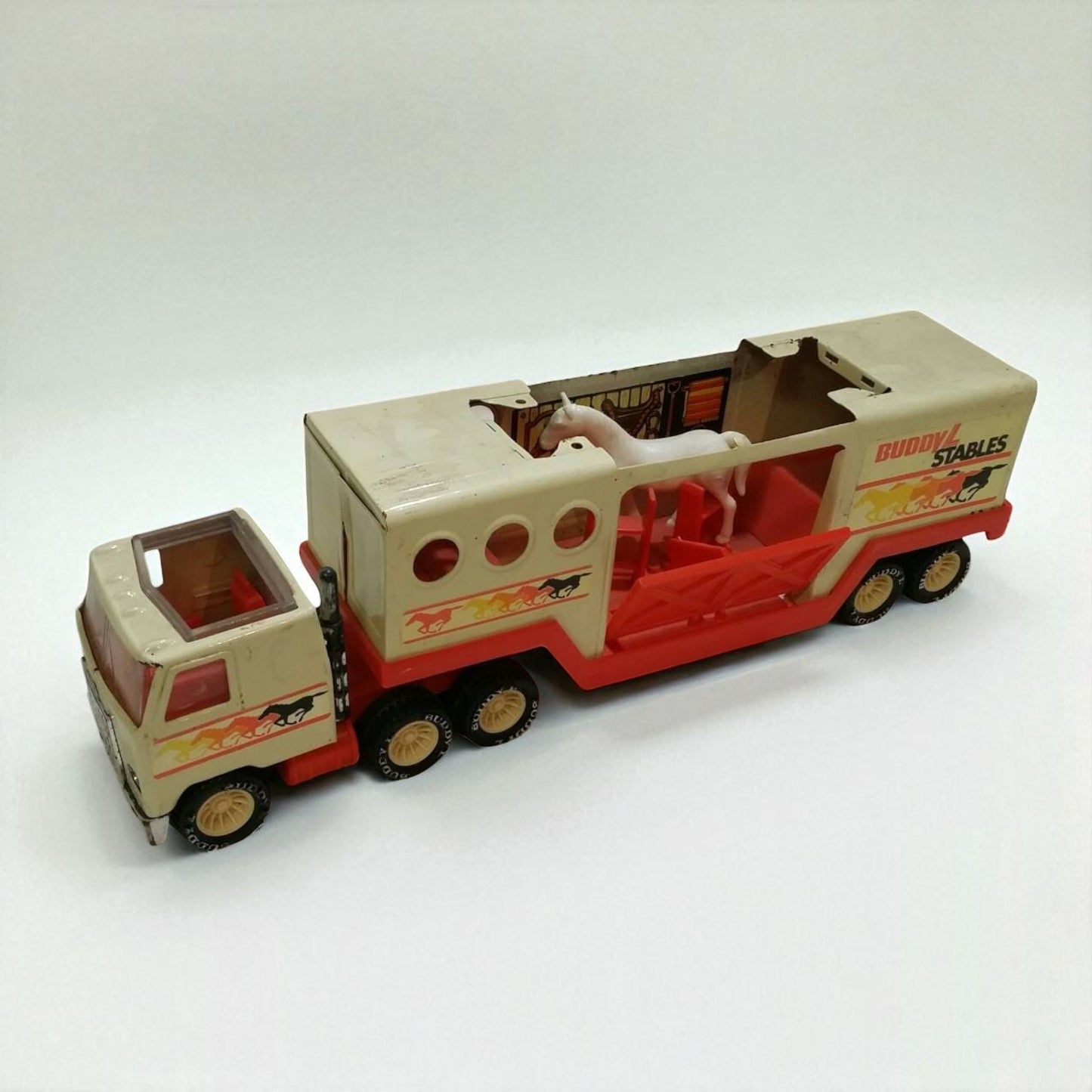 Vintage Buddy L Tin Toy Stable Truck with Horse Figurine