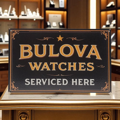 Bulova watches serviced here sign on a counter with a store interior background