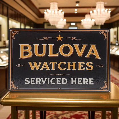 Bulova Watches sign on a table in an elegant interior setting