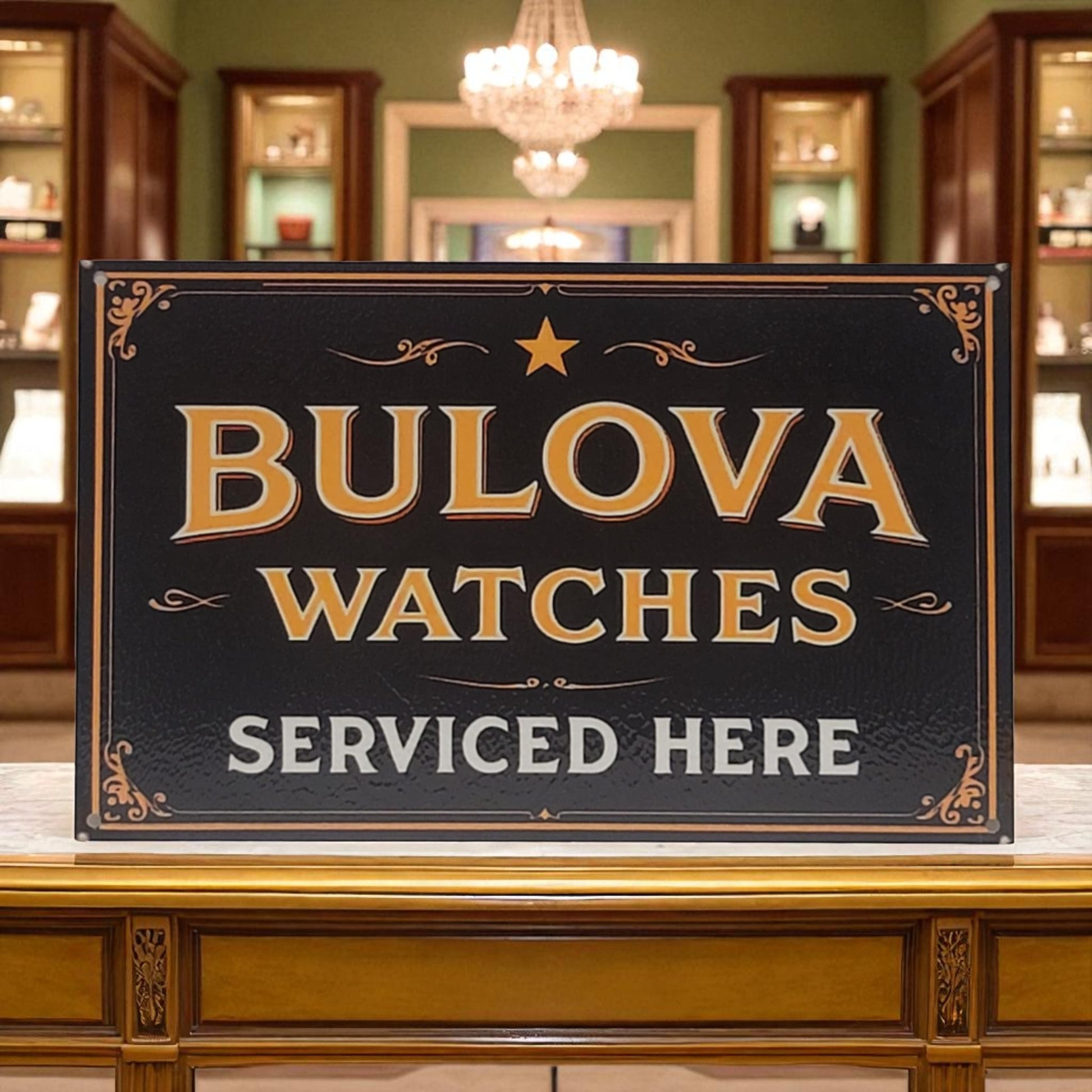 Bulova watches sign on a wooden surface with a decorative background