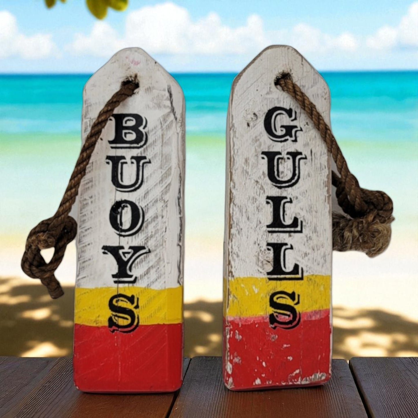 Rustic Nautical Lobster Buoy Bathroom Sign Set – Buoys & Gulls – Handmade Coastal Decor