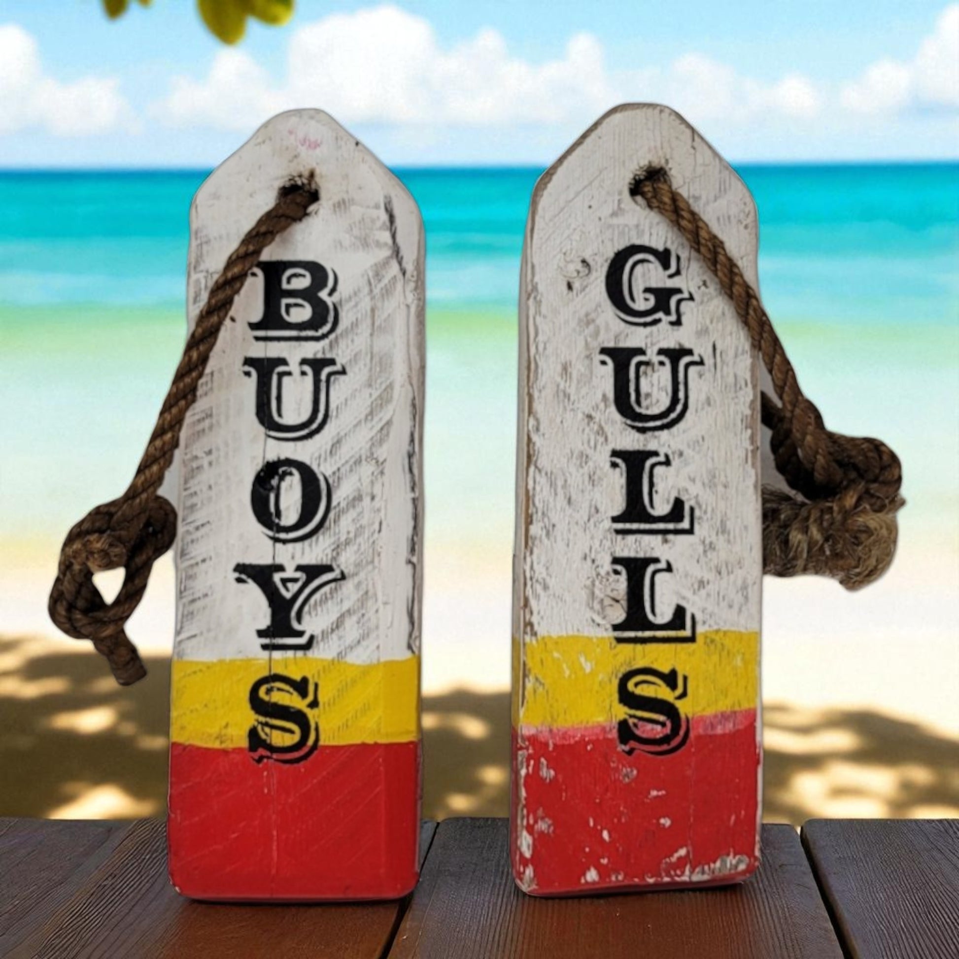 Rustic Nautical Lobster Buoy Bathroom Sign Set – Buoys & Gulls – Handmade Coastal Decor