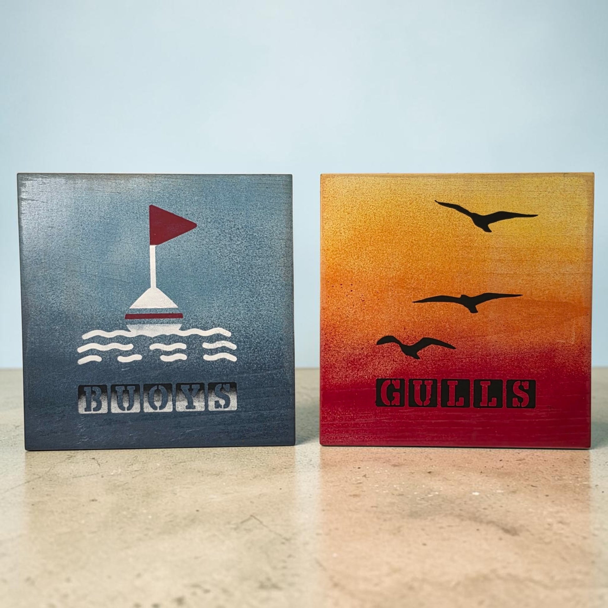 Hand Painted Wooden “Buoys” & “Gulls” Sign Set 8x8” 