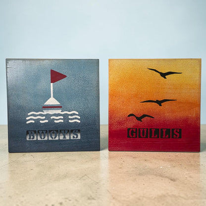 Hand Painted Wooden “Buoys” & “Gulls” Sign Set 8x8” 