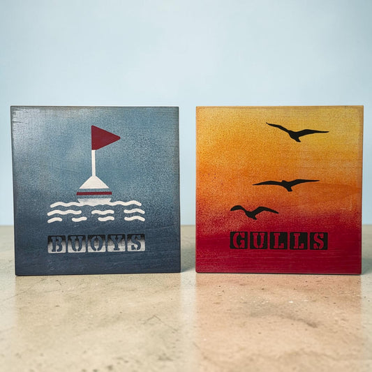 Hand Painted Wooden “Buoys” & “Gulls” Sign Set 8x8” 