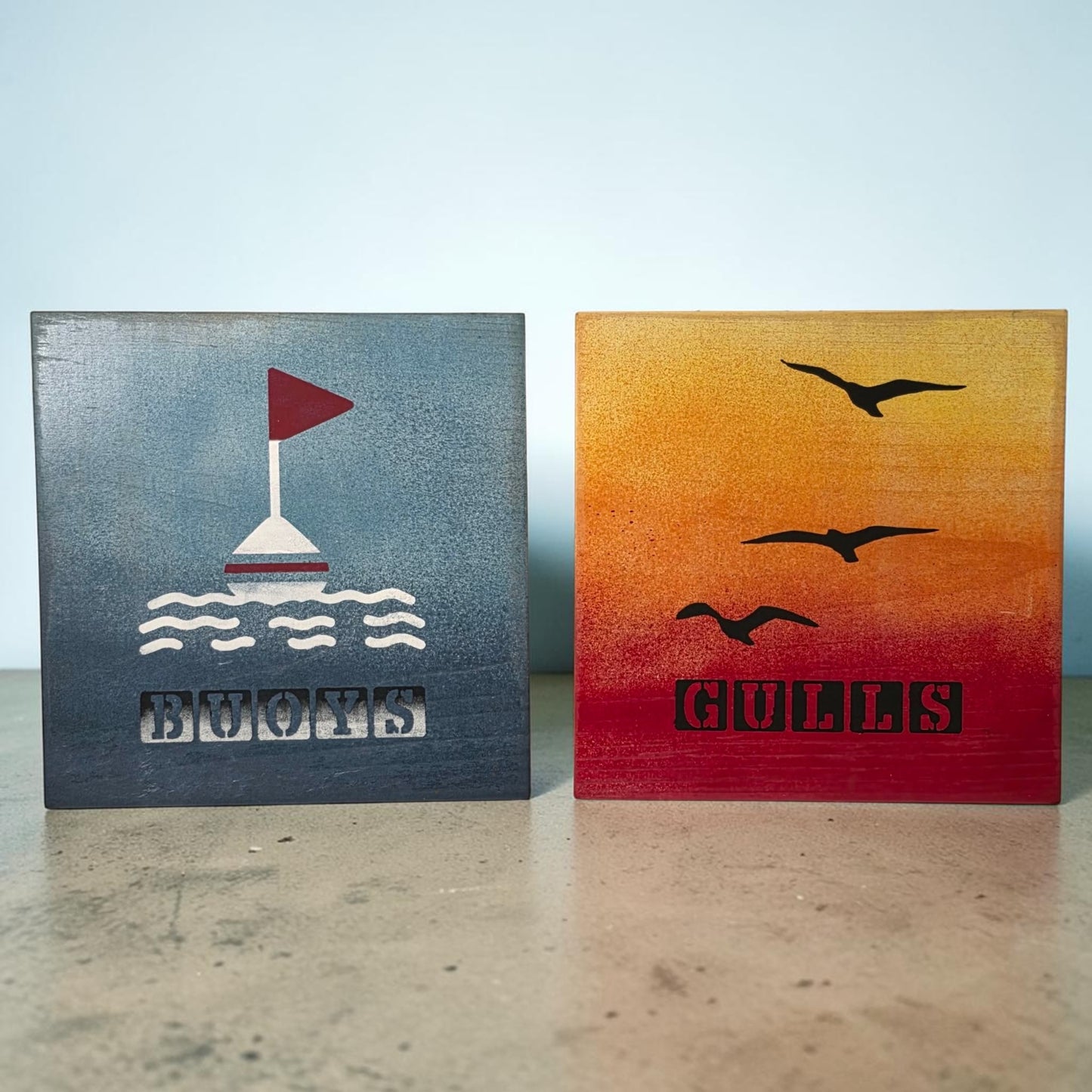 Hand Painted Wooden “Buoys” & “Gulls” Sign Set 8x8” 