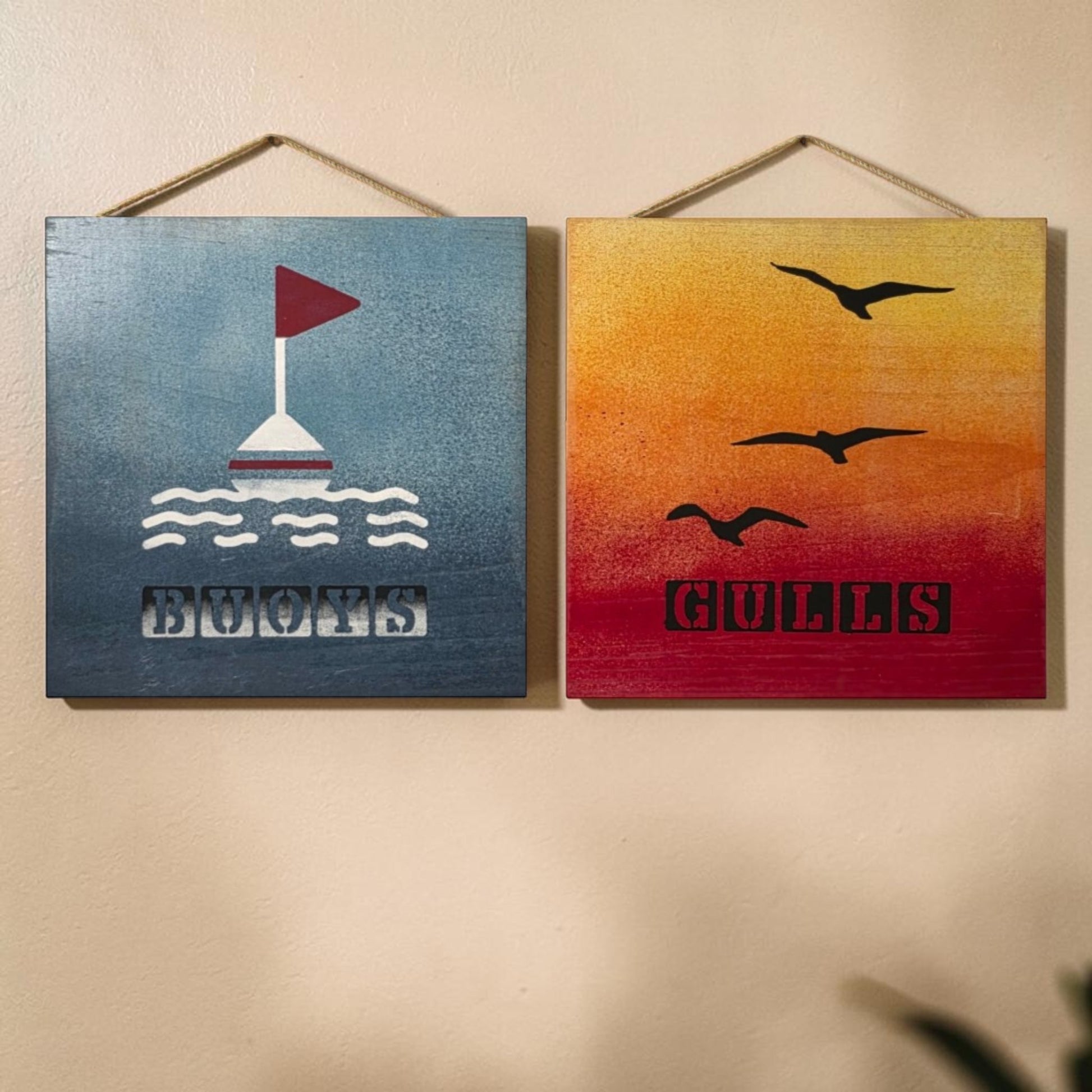 Hand Painted Wooden “Buoys” & “Gulls” Sign Set 8x8” 