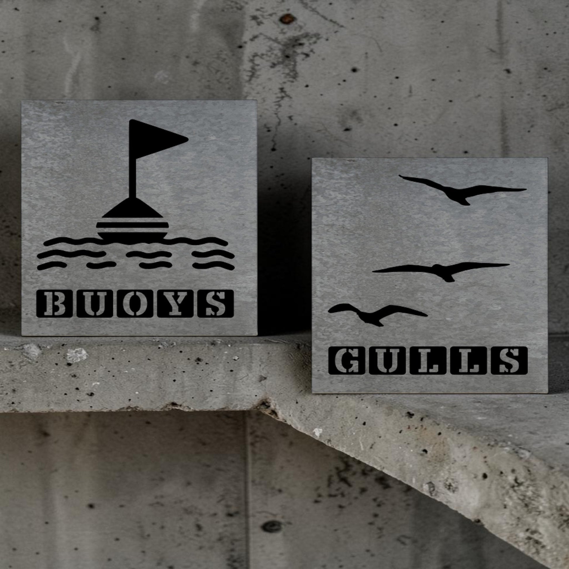 Handmade galvanized metal nautical bathroom signs