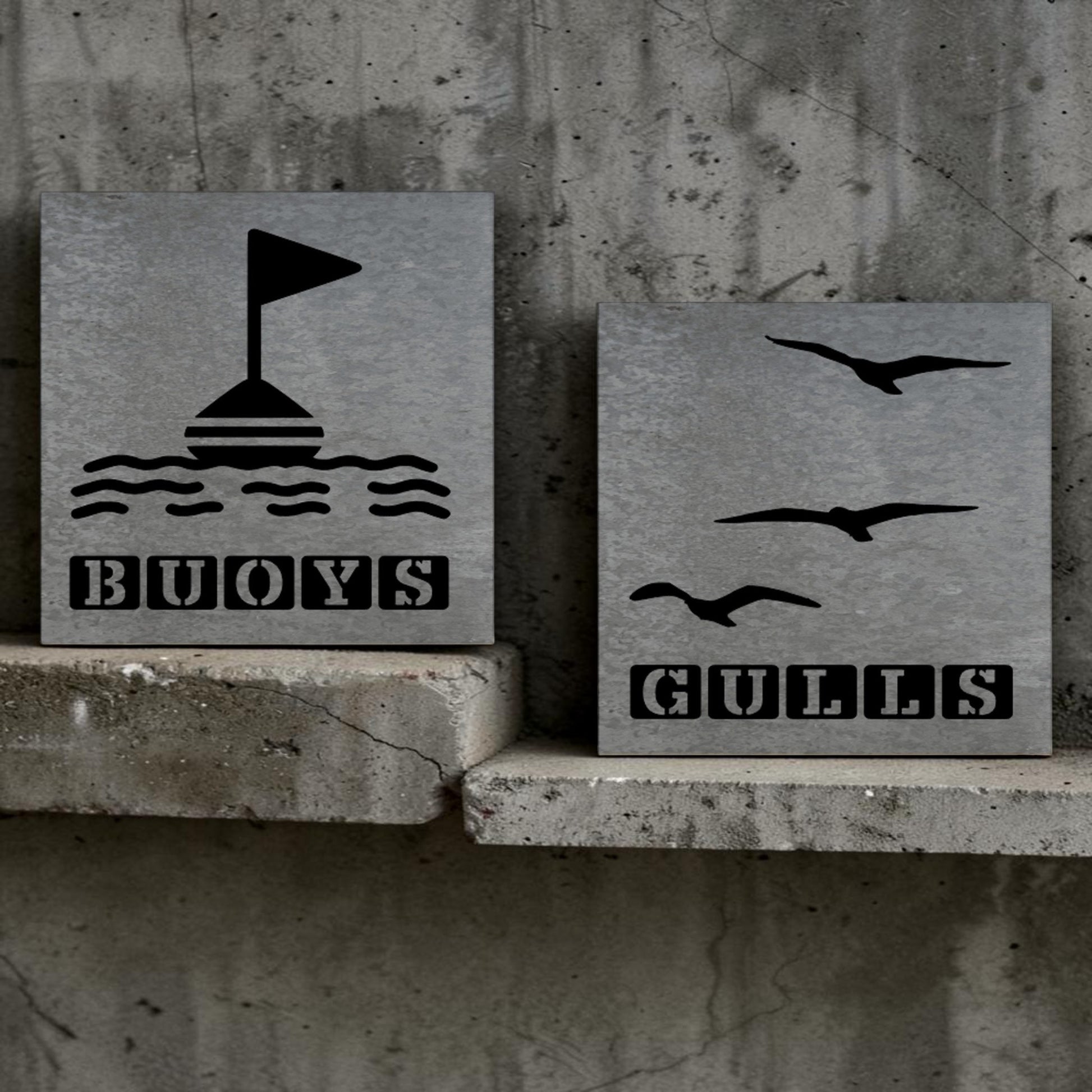 Handmade galvanized metal nautical bathroom signs