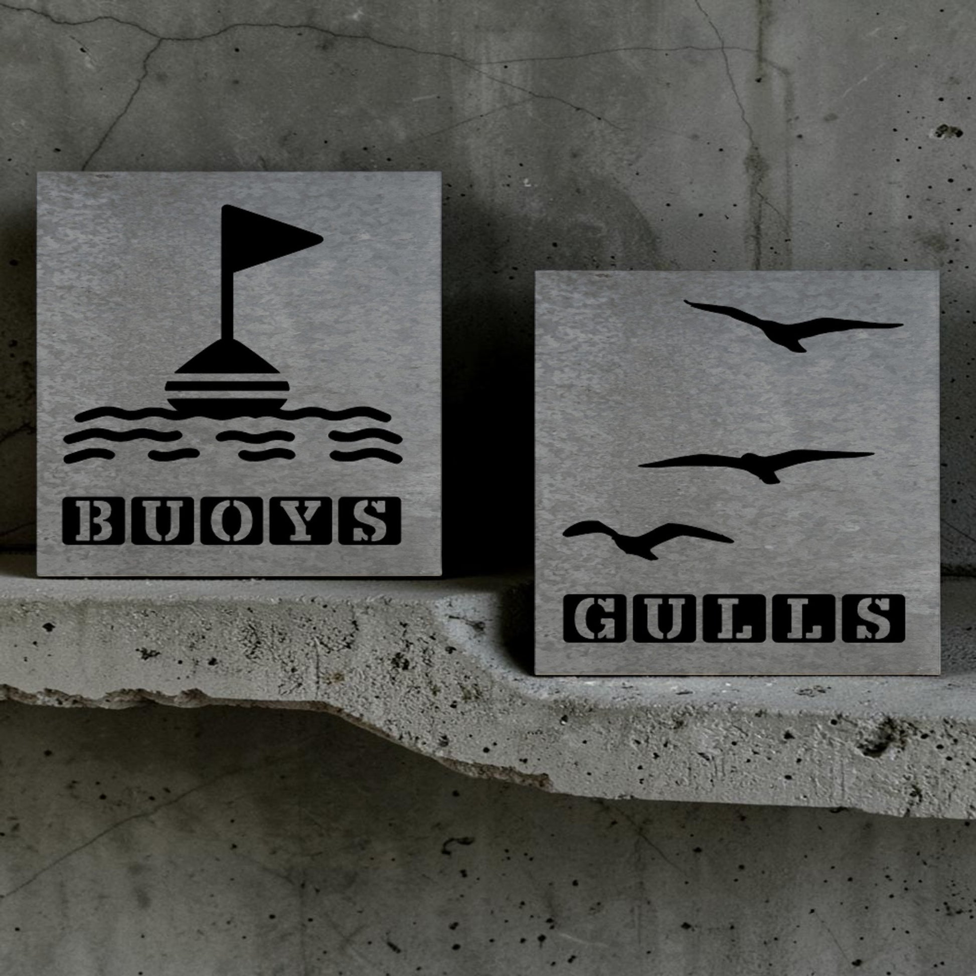 Handmade galvanized metal nautical bathroom signs