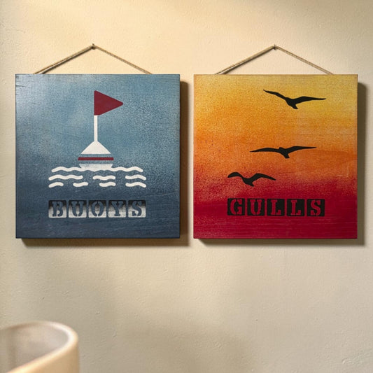 Hand Painted Wooden “Buoys” & “Gulls” Sign Set 8x8” 