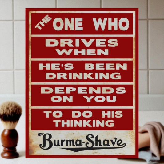 Vintage-style sign with humorous text on a tiled wall background
