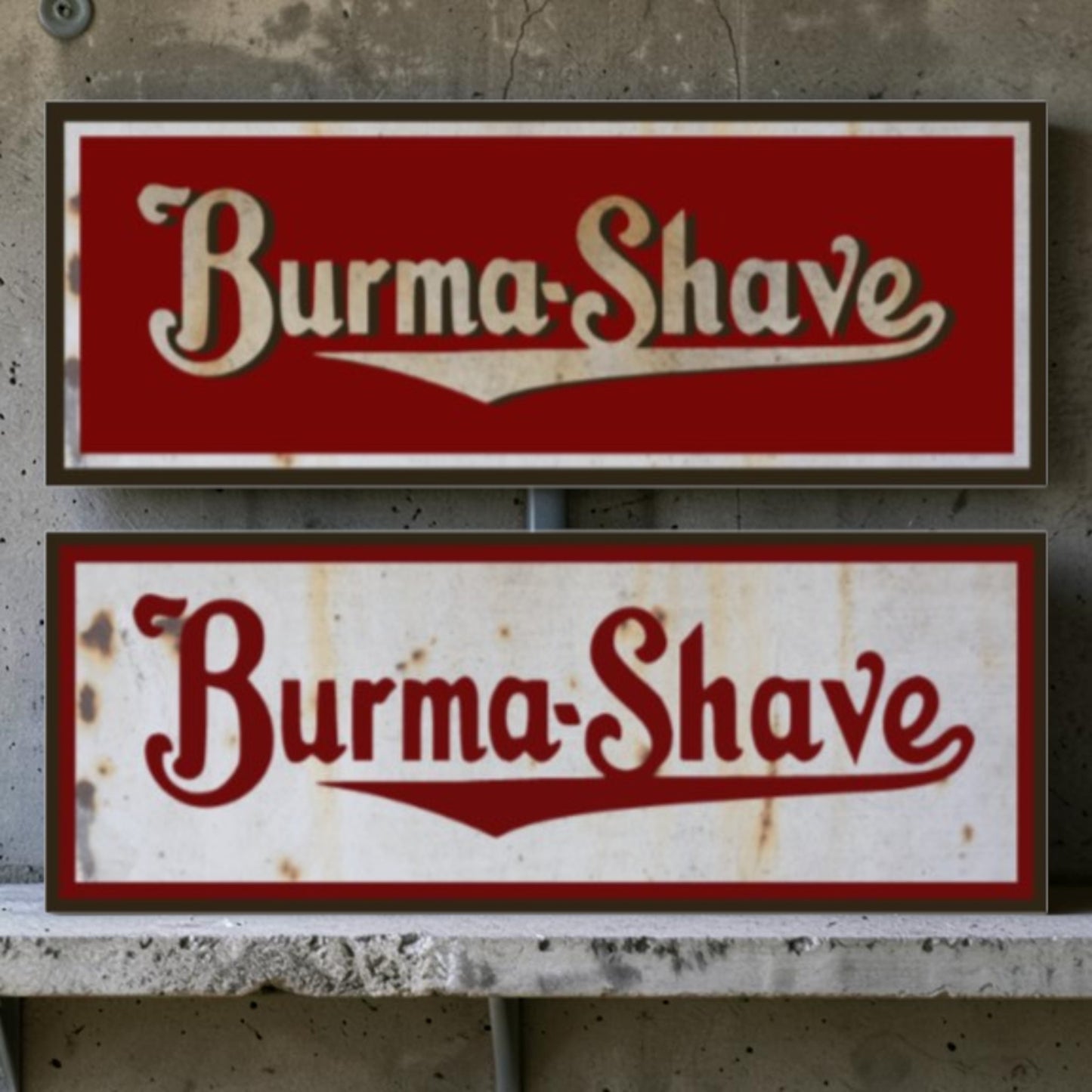 Two Burma-Shave signs on a textured wall background