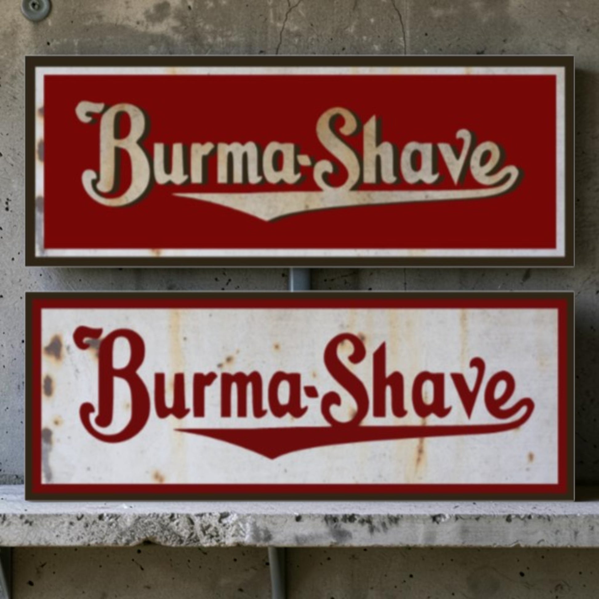 Two Burma-Shave signs on a textured wall background