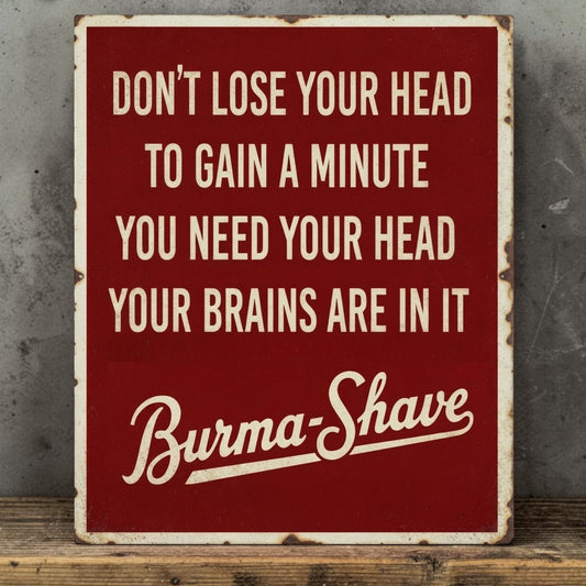 Rustic Burma-Shave metal sign with Don't Lose Your Head shaving message.
