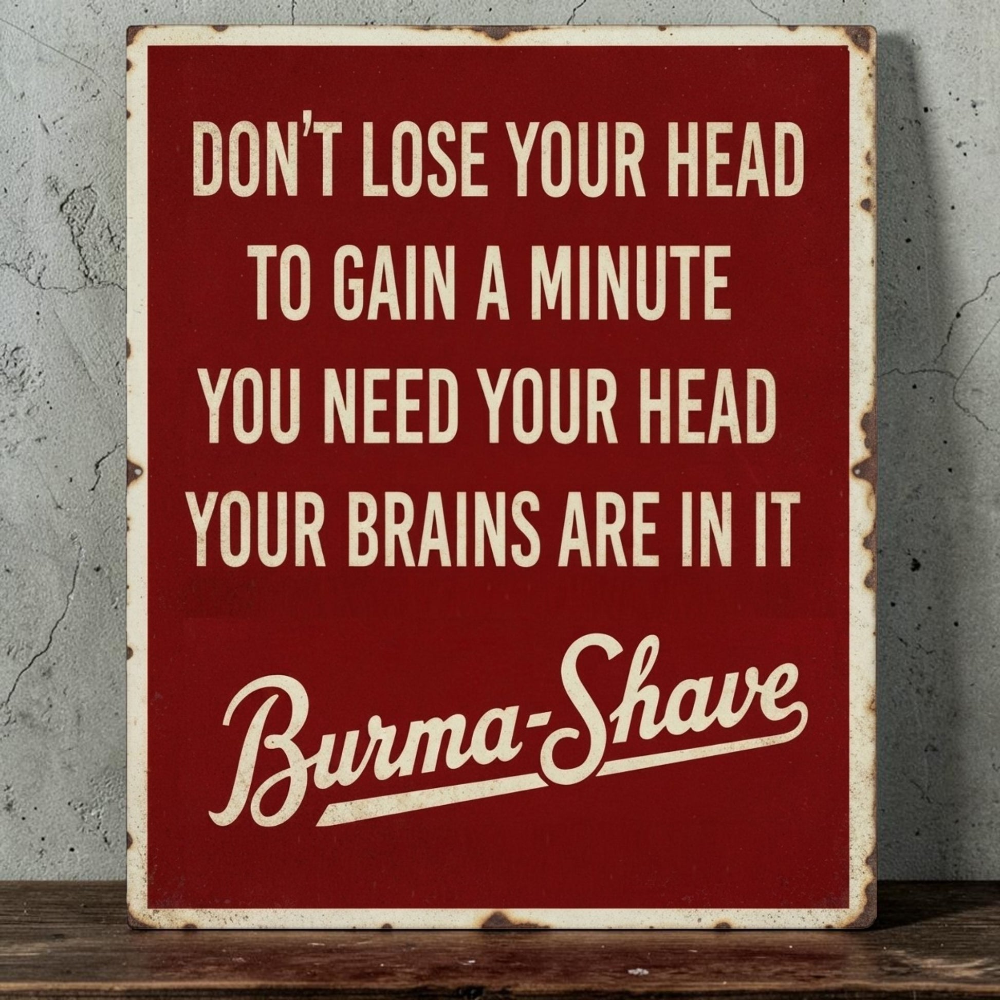 Rustic Burma-Shave metal sign with Don't Lose Your Head shaving message.
