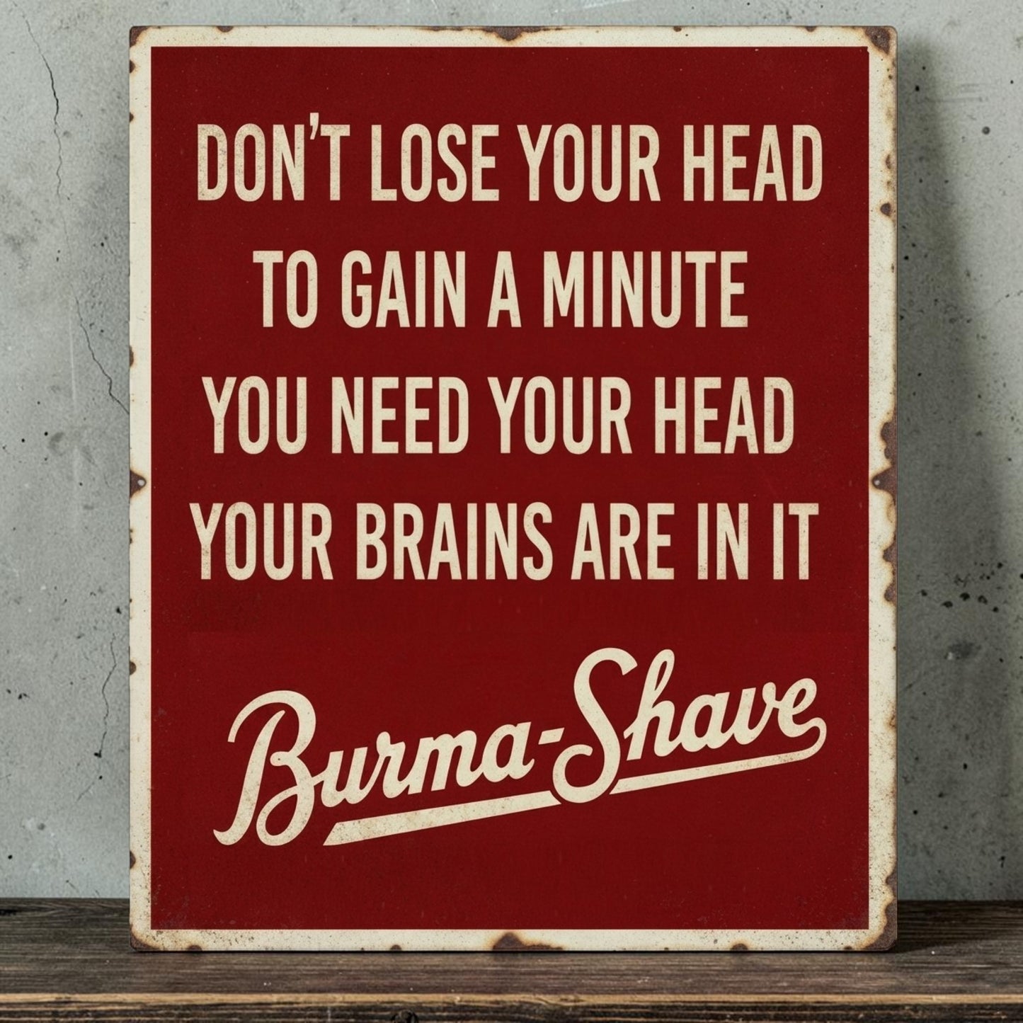 Rustic Burma-Shave metal sign with Don't Lose Your Head shaving message.

