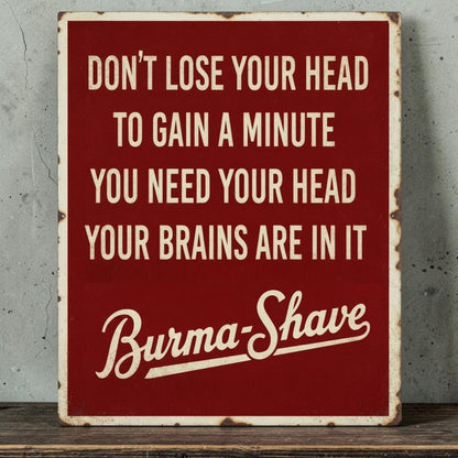 Rustic Burma-Shave metal sign with Don't Lose Your Head shaving message.
