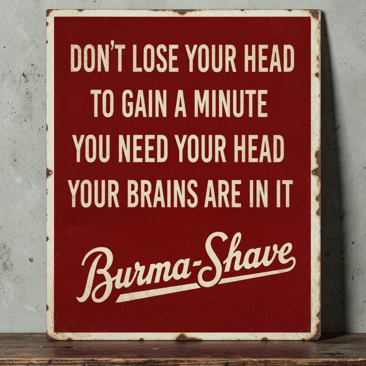 Rustic Burma-Shave metal sign with Don't Lose Your Head shaving message.
