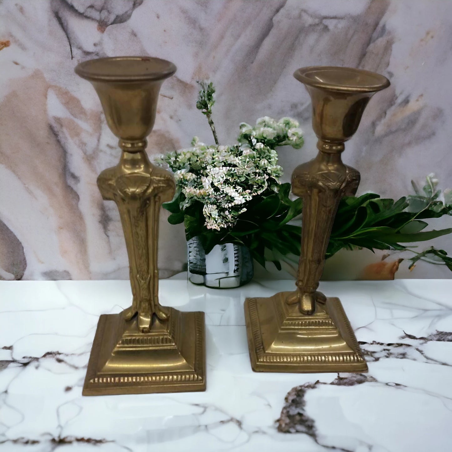 Vintage Art Deco Brass Candlestick Holders With Rams Heads