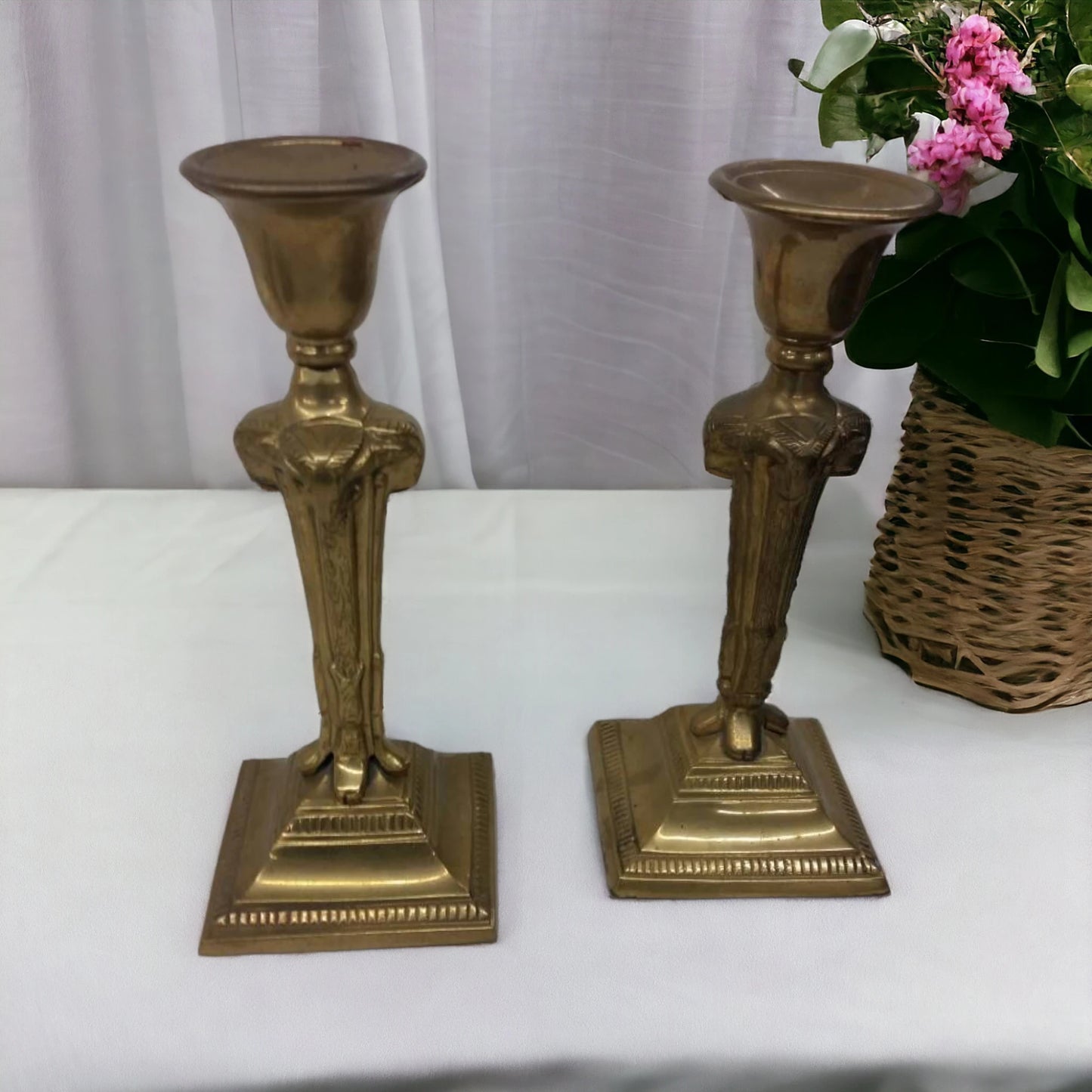 Vintage Art Deco Brass Candlestick Holders With Rams Heads