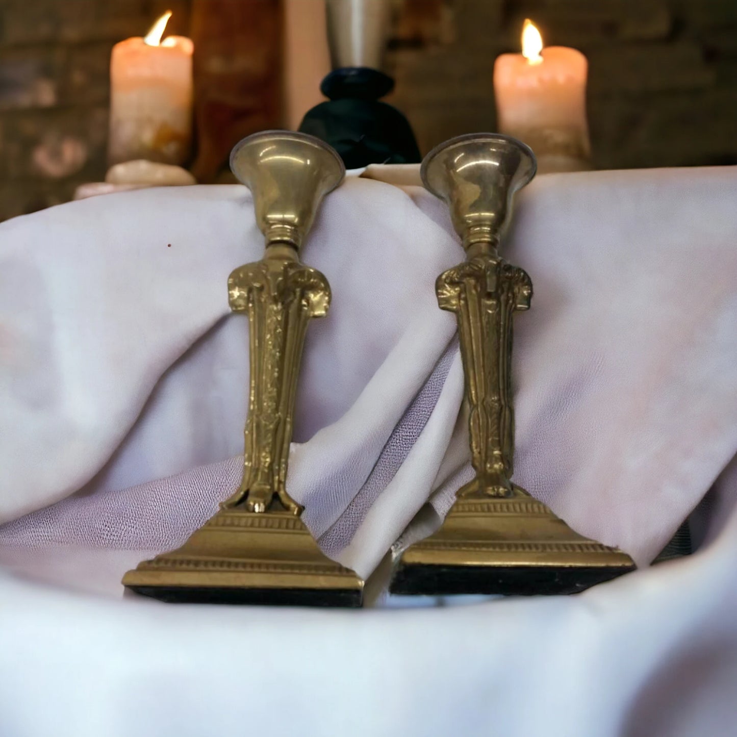 Vintage Art Deco Brass Candlestick Holders With Rams Heads