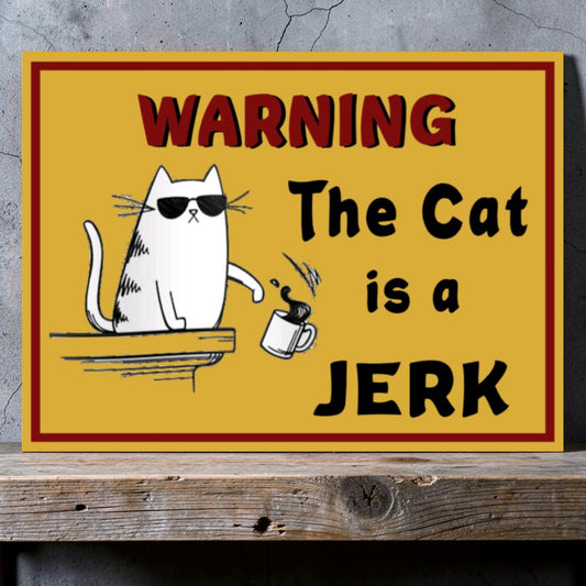 Funny handmade aluminum warning sign showing a cat pushing a coffee cup off a table.
