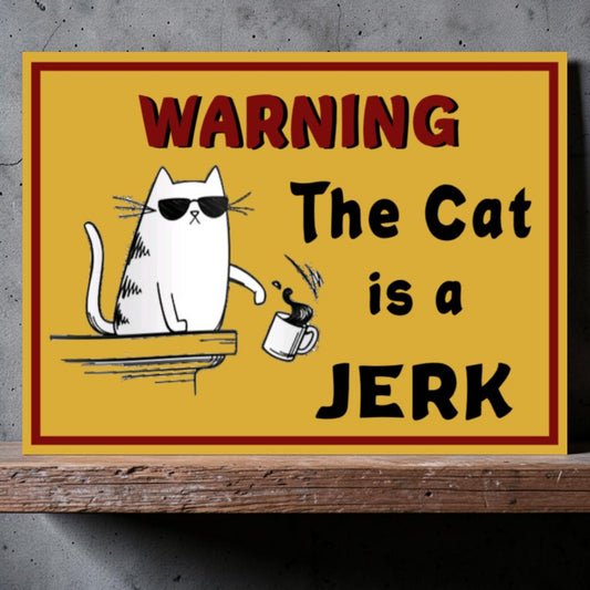 Funny handmade aluminum warning sign showing a cat pushing a coffee cup off a table.
