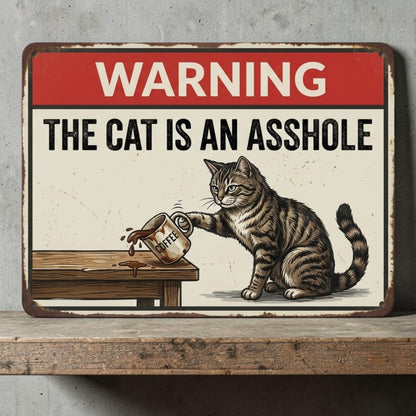 Funny handmade aluminum sign showing a cat knocking a coffee cup off a table with humorous warning text.
