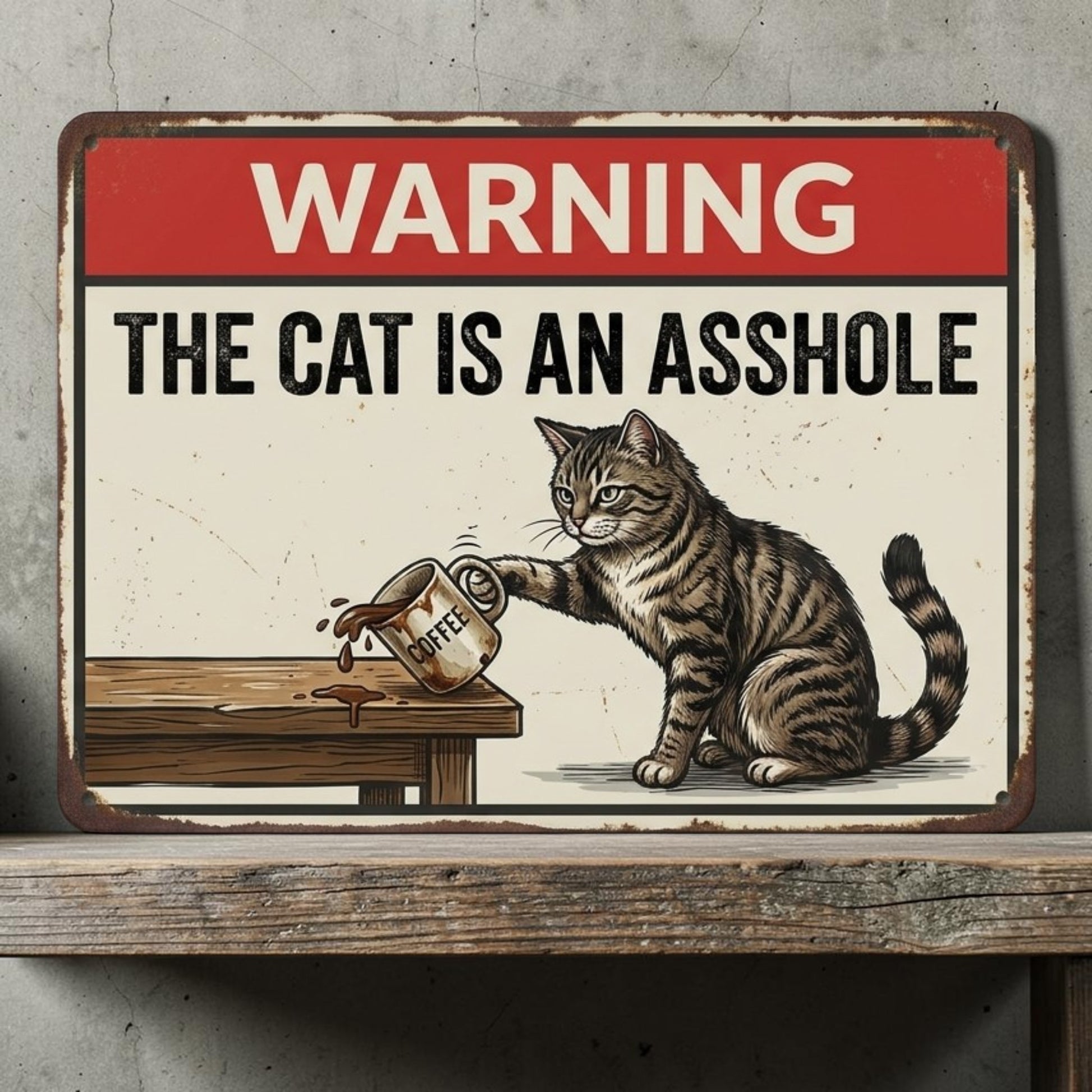 Funny handmade aluminum sign showing a cat knocking a coffee cup off a table with humorous warning text.
