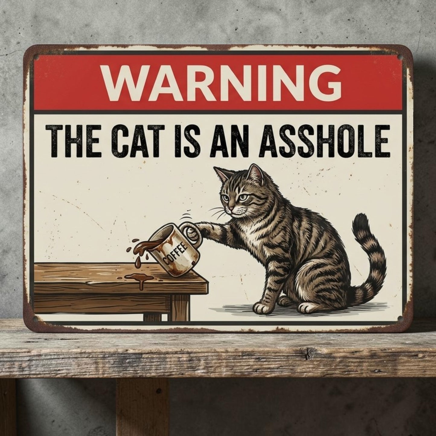 Funny handmade aluminum sign showing a cat knocking a coffee cup off a table with humorous warning text.
