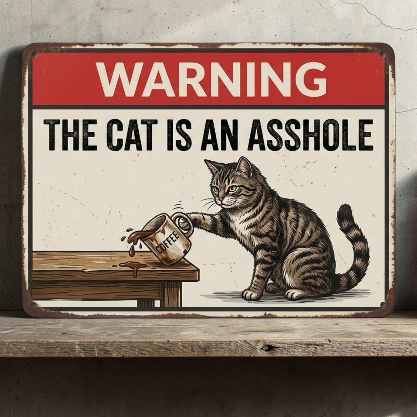 Funny handmade aluminum sign showing a cat knocking a coffee cup off a table with humorous warning text.
