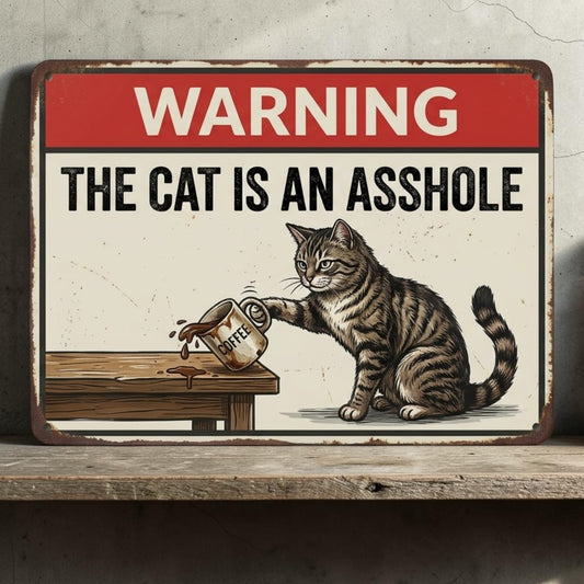Funny handmade aluminum sign showing a cat knocking a coffee cup off a table with humorous warning text.
