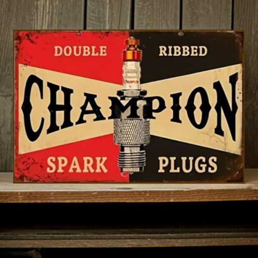 Vintage-style sign for Champion spark plugs with a rustic background
