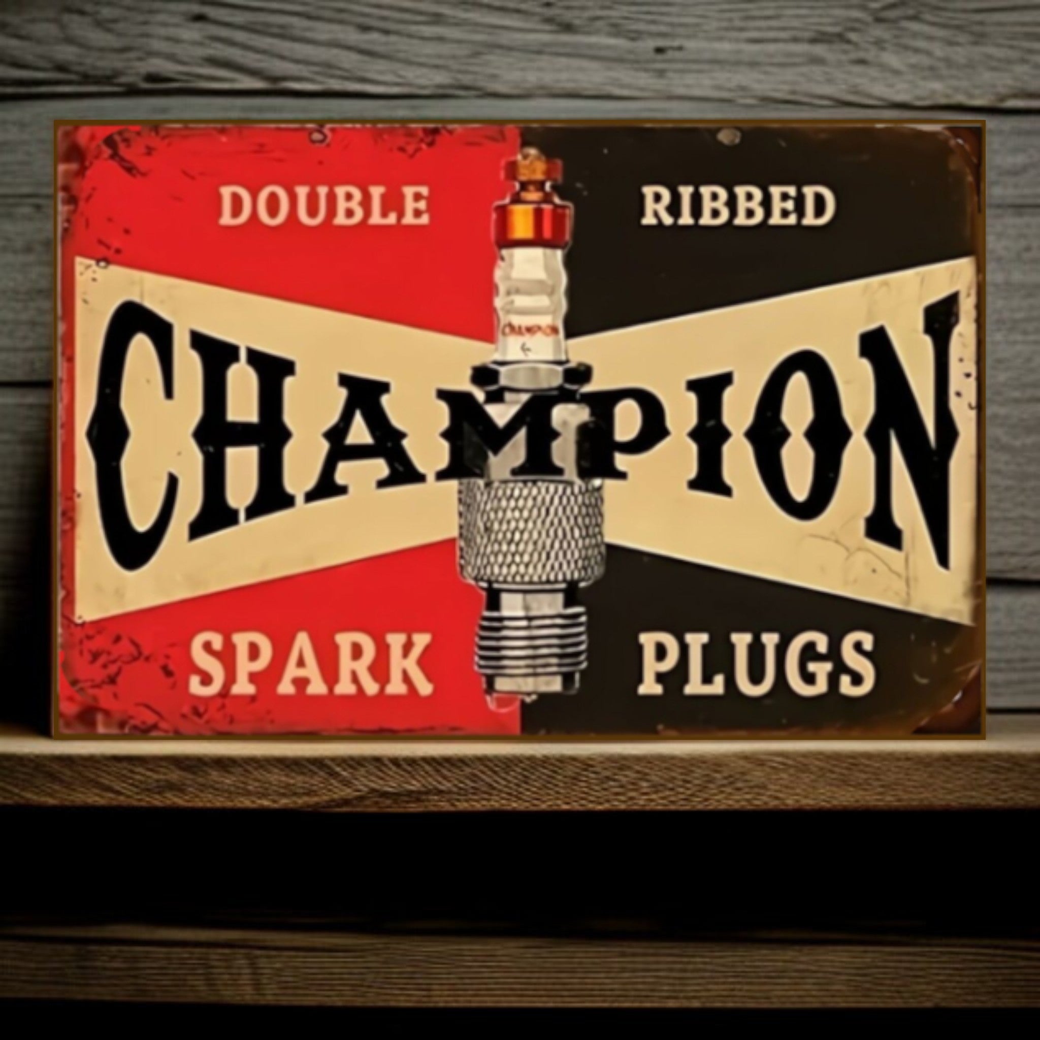 Rustic Champion Spark Plug Garage Sign | Classic Auto Advertising